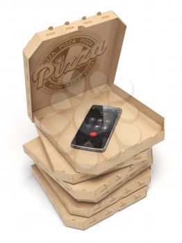 Mobile pizza ordering and delivery concept. Smartphone and pizza boxes isolated on white. 3d illustration