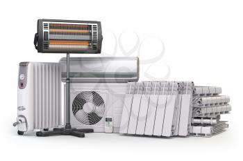 Heating devices and climate equipment.  Heating household appliances. Air conditioner, radiators, oil and radiant electric heaters isolated on white background. 3d illustration