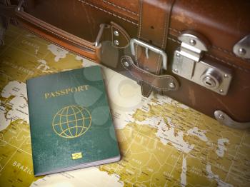 Travel or turism concept.  Old  suitcase with passport on the world map. Vintage background. 3d illustration