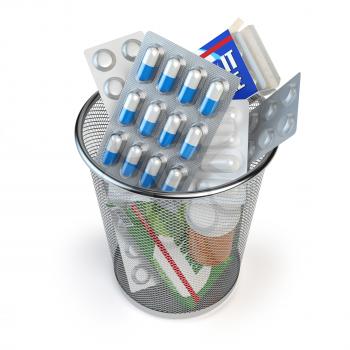 Pills, capsules and medicines thrown in the dustbin isolated on white. End of treatment or healthy lifestyle concept. 3d illustration