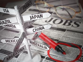 Work and travel immigration opportunity concept. Search for a job. Newspaper with jobs advertisement and signboard with names of countries. 3d illustration