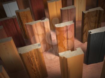 Samples of wooden furniture MDF profiles, Different medium density fiberboards. 3d illustration