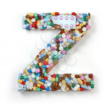 Letter Z. Set of alphabet of medicine pills, capsules, tablets and blisters isolated on white. 3d illustratio