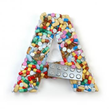 Letter A. Set of alphabet of medicine pills, capsules, tablets and blisters isolated on white. 3d illustration