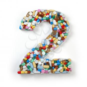 Number 2 two. Set of alphabet of medicine pills, capsules, tablets and blisters isolated on white. 3d illustration