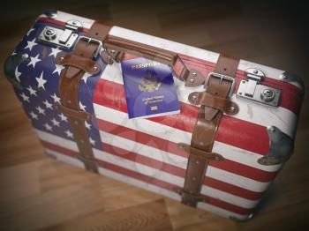 Travel or immigration concept. USA passport and suitcase with flag of USA. 3d illustration