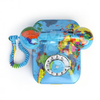 Global communication concept. Telephone with erth texture isolated on white. 3d illustration