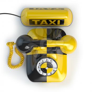 Taxi car sign and yellow telephone on white isolated background. Taxi phone concept. 3d illustration