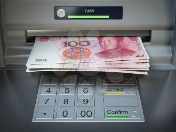 ATM machine and money. Withdrawing yuan banknotes. 3d illustration