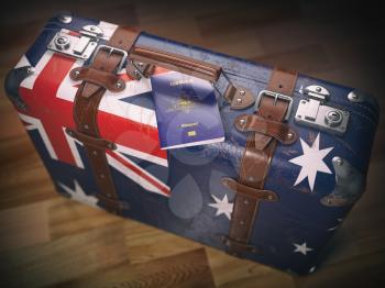 Passport of Australia and suitcase with flag of Australia. Travel or immigration concept.3d illustration