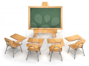 School classroom. Empty chalkboard and school desks isolated on white. Lesson, webinar or training cocncept. 3d illustration