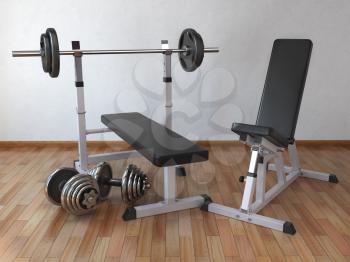 Barbell bench with weight dumbbells in the home. 3d illustration