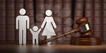 Family law. Gavel and shapes of men, women and child with books. 3d illustration