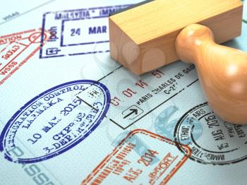 Passport with visa stamps. Travel or turism concept background. 3d illustration