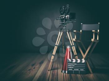 Video, movie, cinema concept. Retro camera, clapperboard and director chair. 3d illustration