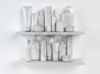 Shelf with cosmetics and toiletries. 3d illustration