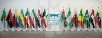 OPEC. Symbol and flags of OPEC countries. 3d illustration