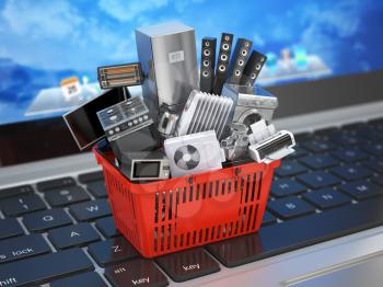 E-commerce online shopping or delivery concept. Home appliance in shopping cart on the laptop keyboard. 3d illustration