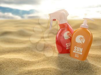 Sunscreen sprays and cream on a sea sand background. Products for sunburn. 3d illustration