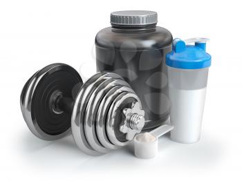 Whey protein powder  in scoop with shaker and dumbbell.Bodybuilder nutrition concept. 3d illustration