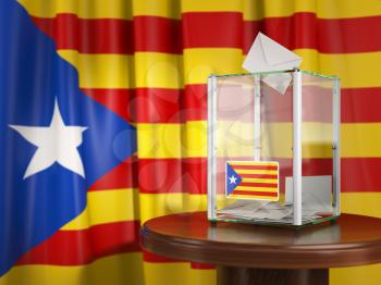Referendum of independence of Catalonia concept. Ballot box with flag of Catalonia and voting papers. 3d illustration