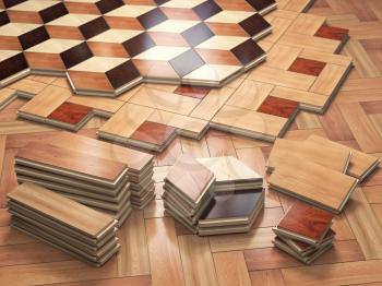 Stack ofr parquet wooden planks. Few types of wooden parquet coating. 3d illustration