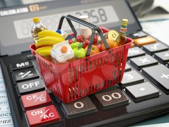 Shopping basket full of grocery foods on calculator. Savings, dieting consumerism concept background. 3d illustration