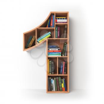 Number 1 one. Alphabet in the form of shelves with books isolated on white. 3d illustration