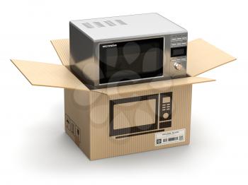 Microwave oven in carton cardboard box. E-commerce, internet online shopping and delivery concept. 3d illustration