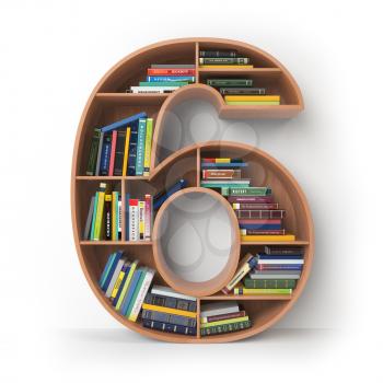 Number 6 six. Alphabet in the form of shelves with books isolated on white. 3d illustration