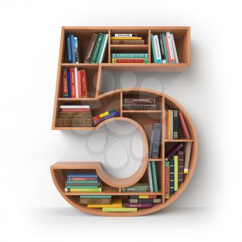 Number 5 five. Alphabet in the form of shelves with books isolated on white. 3d illustration