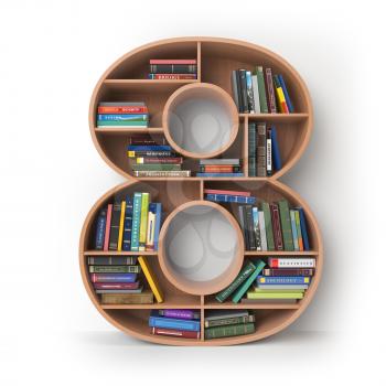 Number 8 eight. Alphabet in the form of shelves with books isolated on white. 3d illustration