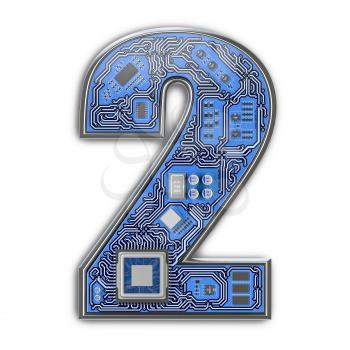 Number 2 two, Alphabet in circuit board style. Digital hi-tech letter isolated on white. 3d illustration