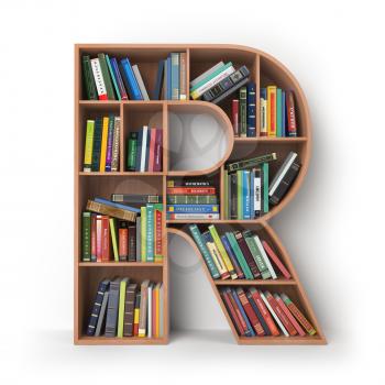 Letter R. Alphabet in the form of shelves with books isolated on white. 3d illustration