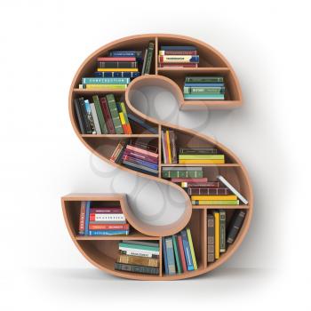 Letter S. Alphabet in the form of shelves with books isolated on white. 3d illustration