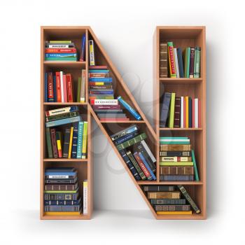 Letter N. Alphabet in the form of shelves with books isolated on white. 3d illustration