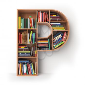 Letter P. Alphabet in the form of shelves with books isolated on white. 3d illustration