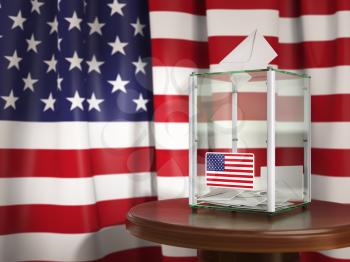 Ballot box with flag of USA  and voting papers. Presidential or parliamentary election in USA. 3d illustration
