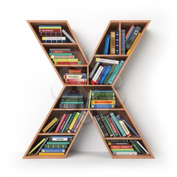 Letter X. Alphabet in the form of shelves with books isolated on white. 3d illustration