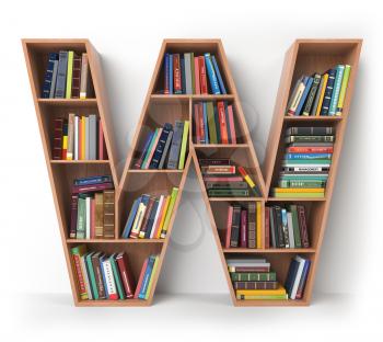 Letter W. Alphabet in the form of shelves with books isolated on white. 3d illustration