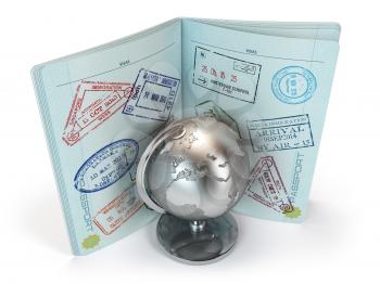 Passport with lot of visa stamps and metal globe isolated on white background. Travel and tourism concept. 3d illustration