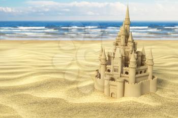 Sand castle on the beach on the sea and sky background. 3d illustration