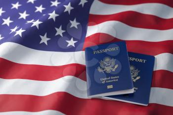 USA passport on the flag of the US United Stetes. Getting a USA passport,  naturalization and immigration concept. 3d illustration