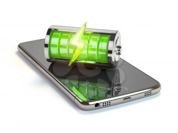 Smartphone charging  application concept. Mobile phone and green battery charge indicator. 3d illustration