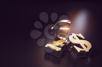 Golden euro, dollar and pound signs. Financial banking currency exchange concept background. 3d illustration