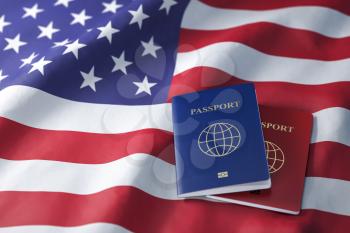 Passports on the flag of the US United Ststes. Getting a visa to USA ,  travel, naturalization and immigration concept. 3d illustration