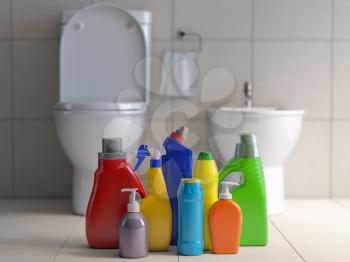 Detergent bottles and containers. Cleaning supplies in wc bathroom toilet  interior backgrount. Home cleaning service concept. 3d illustration