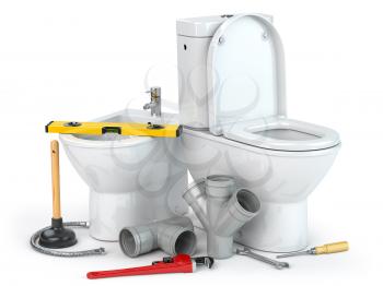 Plumbing repair service. Bowl and bidet with plumbing tools for a plumber and pvc plastic tubes. 3d illustration