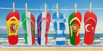 Hanging flip flops in colors of flags of  different mediterranean european countries Spain, Italy, France, Portugal, Greece and Turkey. Travel and tourism concept. 3d illustration
