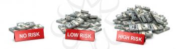 Investment and level of risk concept. Heaps of  packs of dollars and  no risk low and hogh risk signs. 3d illustration